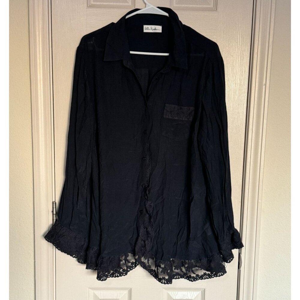 Ulla Popken Black Lace Trim Button Down Blouse Viscose Crinkle Shirt 12/14 u1